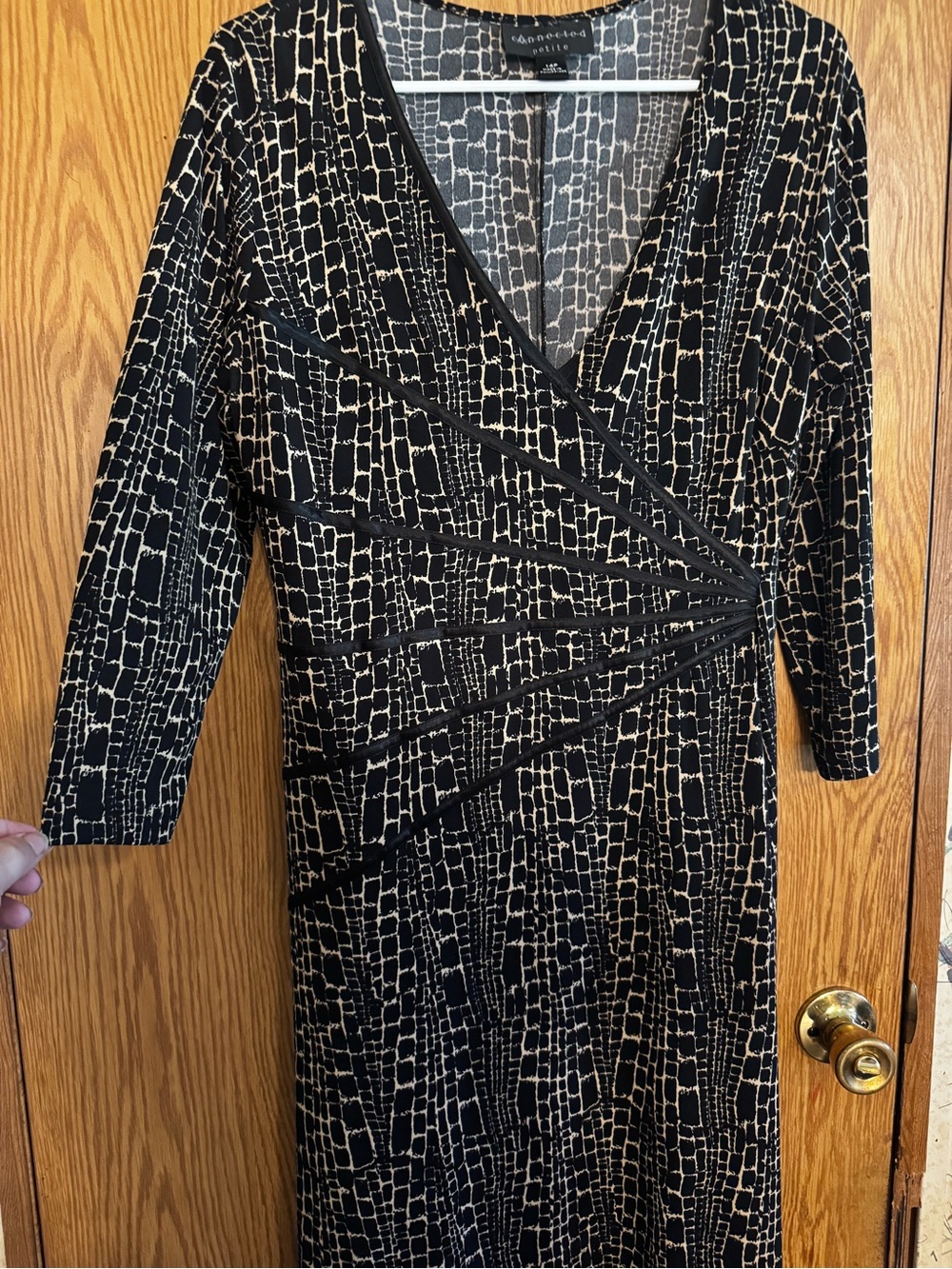 connected apparel Black and Cream Textured Faux-Wrap Long Sleeve Dress